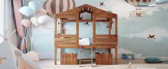 Twin Size Low Loft Wood House Bed with Two Drawers
