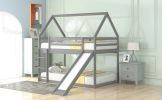 Twin over Twin Low Bunk Bed, House Bed with Ladder , White