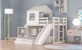 Wooden Twin Over Full Bunk Bed, Loft Bed with Playhouse, Farmhouse, Ladder, Slide and Guardrails