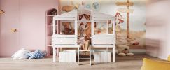 Twin Size Low Loft Wood House Bed with Two Drawers