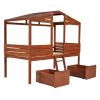 Twin Size Low Loft Wood House Bed with Two Drawers